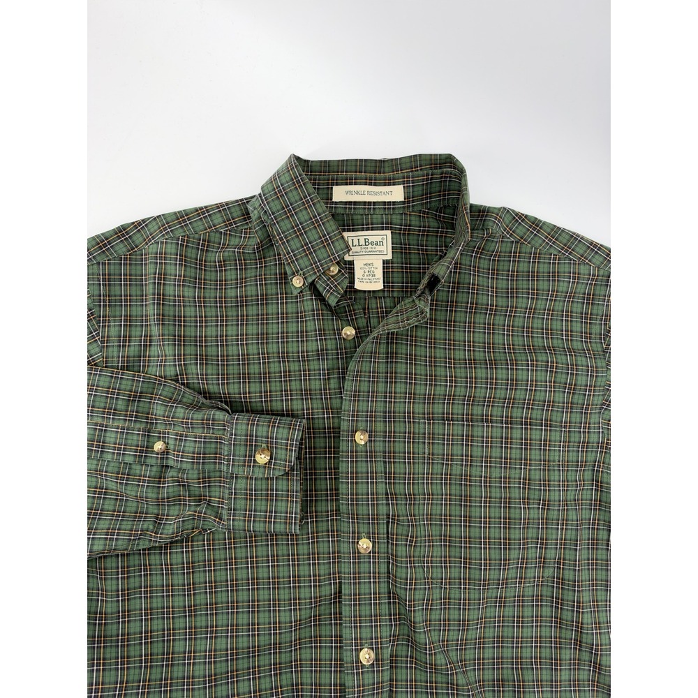 LL Bean Mens Wrinkle Resistant Plaid Button Down Shirt Green S-Reg 0 YP38